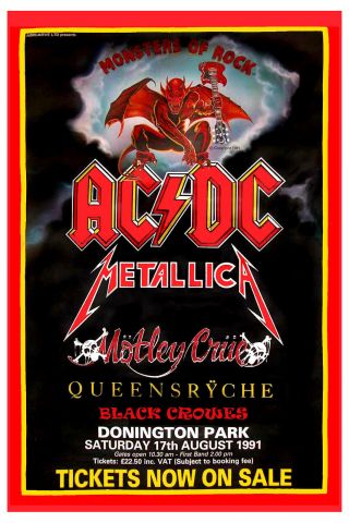 Monsters Of Rock: Ac/dc,  Motley Crue & Queensryche Concert Poster 1991 12x18