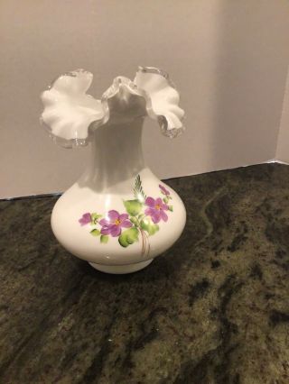 Vintage Fenton Silver Crest Violets In Snow Hand Painted 7”