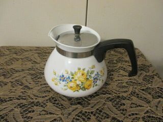 Vtg Corning Ware Coffee Pot / Teapot With Lid,  6 Cup Yellow And Blue Flowers