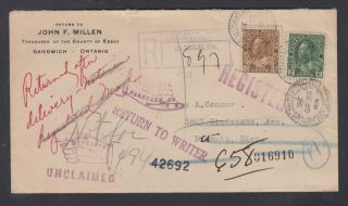 Canada 1926 Registered Returned To Sender Admiral Cover Windsor Sandwich To Usa