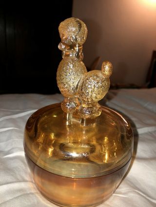 Mid Century Jeanette Glass Marigold Iridescent Poodle Vanity Powder Jar W/ Lid