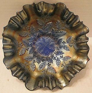 Antique Fenton Blue Holly Pattern Carnival Glass Ruffled Edge Footed Bowl