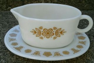 Pyrex Vintage Golden Butterfly Gravy Boat And Plate