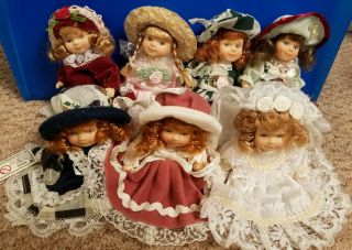 Vintage Miniature Ganz Dolls Porcelain Elaborate Dresses/hats - Set Of 7