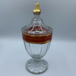 Vintage Heisey Glass Footed Candy Jar Dish Lid Gold Red Band