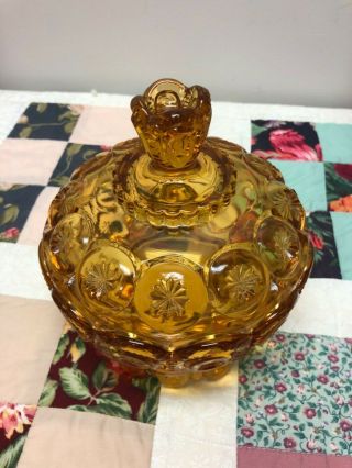 Vintage Moon & Stars Amber Glass Footed Candy Dish/Bowl/Compote w/Lid 2