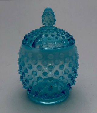 Fenton Glassware Hobnail Blue Opalescent Pattern Mustard Jar And Lid
