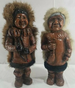 Vintage Nuni Alaskan Wooden Carved Eskimo Dolls With Fur Parka