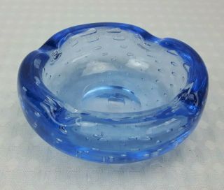 Blue Coloured Control Bubble 9.  5cm Art Glass Ashtray Bowl Dish - Vintage Vgc