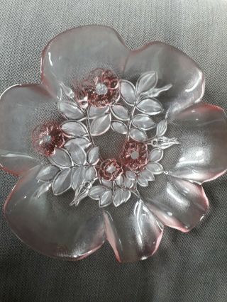 Pretty Pink Vintage Frosted Glass Dish Bowl With Floral Decoration Vgc 20.  3cm
