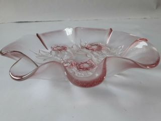Pretty Pink Vintage Frosted Glass Dish Bowl With Floral Decoration VGC 20.  3CM 2