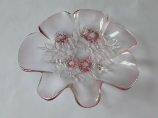 Pretty Pink Vintage Frosted Glass Dish Bowl With Floral Decoration VGC 20.  3CM 3