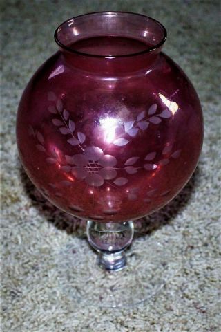 Antique Etched Glass Pedestal Centerpiece Bowl Vase / Red Ruby Cranberry
