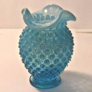 Vintage Fenton Blue Opalescent Hobnail Small Vase Ruffled Top 3 3/4 " Tall