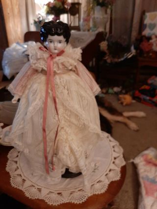 Antique 14 - Inch Hertwig China Head Doll In Cream Lace Dress