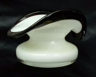 Vtg Mid C Styled Hand Blown Cased Art Glass Vase Bowl White With Black Trim