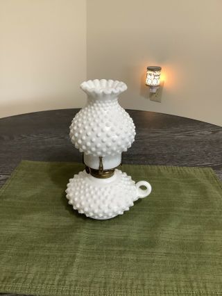 Fenton Vintage Milk Glass Hobnail Courting Oil Lamp 9 1/2” Tall