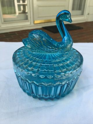 Vintage Blue Glass Trinket Dish With Swan On Lid Jeannette Glass