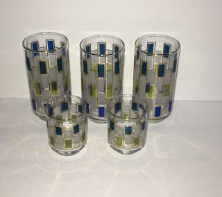 5 Vintage Drinking Glasses 3 Tumblers 2 Small Juice Green Blue Gold Trim Glass