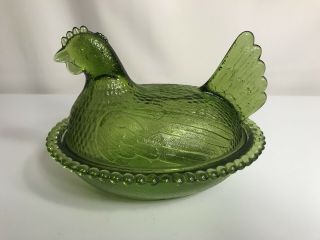Vintage Green Glass Hen On Nest Dish Candy Dish
