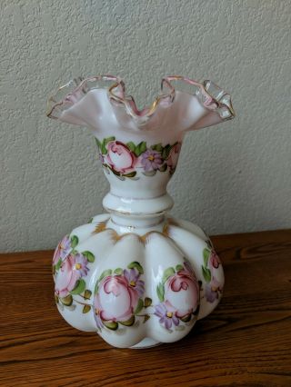 Fenton Glass Melon Vase White Pink Silvercrest Charleton Rose Pattern 8 "