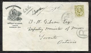 p610 - COPPER CLIFF Sudbury 1910 Cover Mines Minister House of Assembly 7c KEVII 2