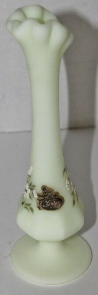 Vtg Fenton Yellow Custard Glass Bud Vase - Ruffle Top - Hand Painted - Signed - Euc