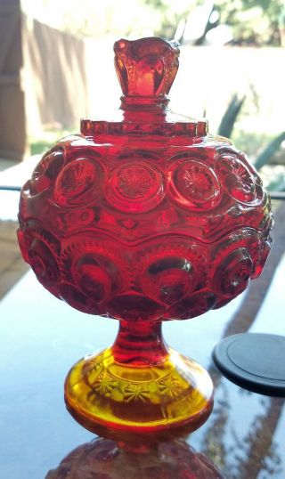 Vintage Le Smith Moon And Stars Red Glass Covered Compote Glass Candy Dish 7 "