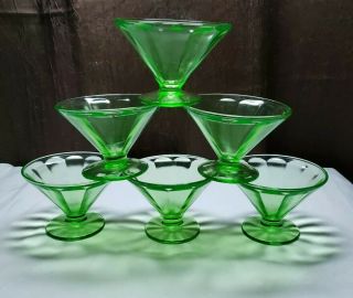 Vintage Green Depression Vaseline Federal Glass Paneled Dessert Dishes Set Of 6