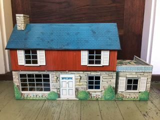Vintage Marx Toy Metal 2 Story Doll Play House Tin Litho With Furniture