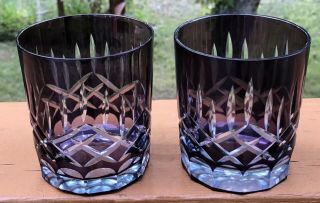 Pair Vintage Amethyst Cut To Clear Crystal Double Rocks Tumblers