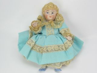 Antique Miniature 5 Inch Porcelain Bisque German Blonde Blue Eye Jointed Doll
