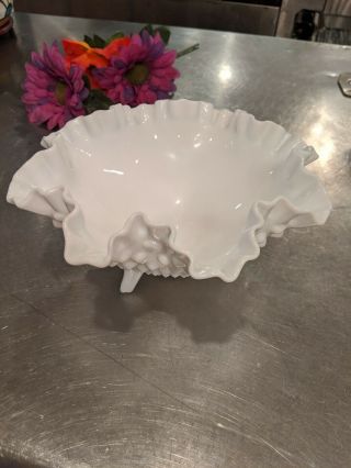 Vintage Fenton White Milk Glass Hobnail Ruffled Candy Bowl Dish 3 Footed