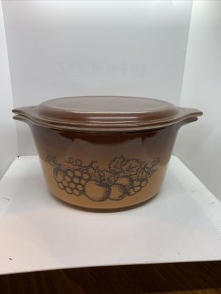 Vintage Pyrex Old Orchard Fruit Brown Tan 1qt Casserole Dish 473 With Lid