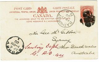 Canada 1900 Bathurst,  Ns Cancel On Postal Card To Australia