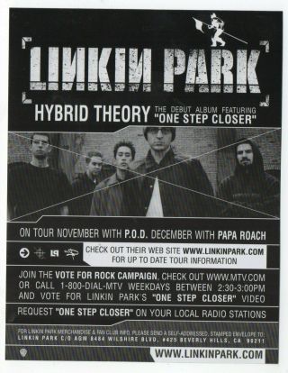 Y2k Linkin Park " Hybrid Theory " Album Release Promo Handbill