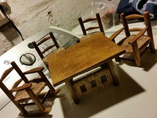 Set Of Vintage Wood And Wicker Rattan Doll Table Chairs And Rocker 6”
