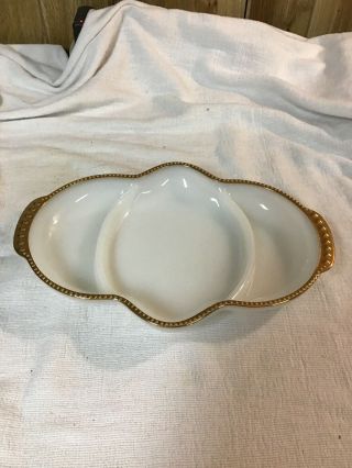 Vintage Fire King Oven Ware Milk Glass Gold Trim Divided Relish Dish Usa 11