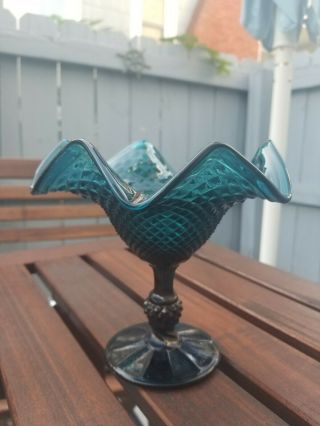 Vintage Dark Blue/green Glass Compote Candy Dish Diamond Pattern Ruffled Edge