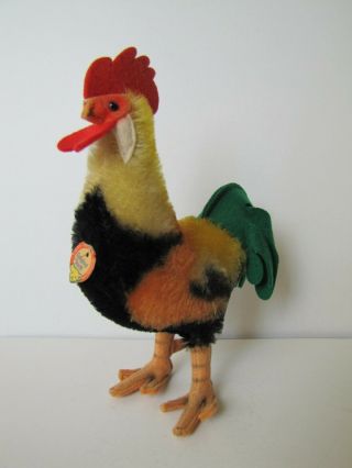 Steiff Rooster Chicken Mohair Plush 17cm/7in Glass Eyes,  Name Tag,  1950s Vintage