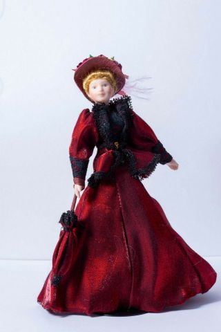 Dollhouse Miniatures Porcelain Lady Doll In Full Length Red Dress W/ Parasol
