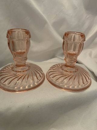 Pair Vintage Pink Depression Glass Candle Sticks Candle Holders Very Pretty