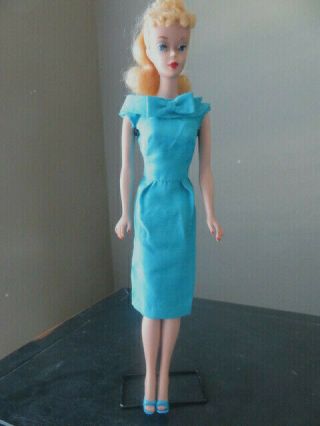 Vintage Barbie Doll Clothes Turquoise Silk Sheath Pak Dress & Matching Shoes