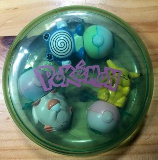 Pokemon Tomy Figure Stamp Set With Case Chansey,  Pikachu,  Poliwhirl