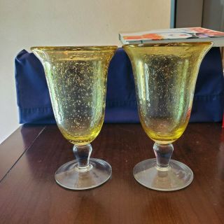 Set Of 2 Artland Iris Citrine Bubble Glass Short Stem Goblets Large 7 1/2 "