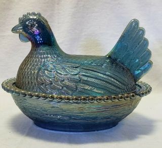 Vintage Indiana Glass Blue Iridescent Carnival Glass Hen On Nest Candy Dish