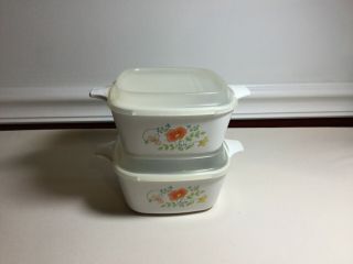 CORNING WARE WILDFLOWER PATTERN P 43 B MINI CASSEROLE DISHES WITH SNAP ON LIDS 2