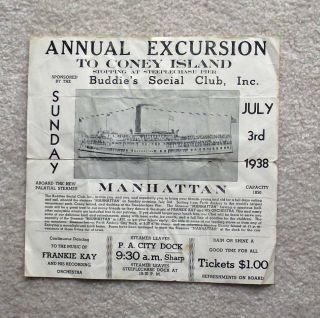 Vintage 1938 Excursion / Dance Flyer Perth Amboy,  Nj To Coney Island,  Ny