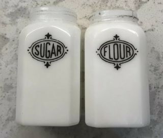 Vintage Milk Glass Sugar And Flour Shakers Black Print Anchor Hocking No Lids