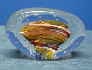 Art Glass Paperweight Swirl Design - Unique Shape With Clear Bubble Glass Border